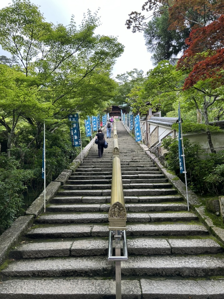 Le long escalier de pierre menant au temple Daisho-in, avec des bannières bleues de chaque côté et des arbres aux couleurs d'automne